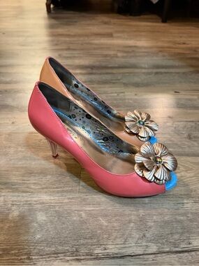 Poetic License Pink, Tan and Blue Peep-Toe Heels with Floral Accent